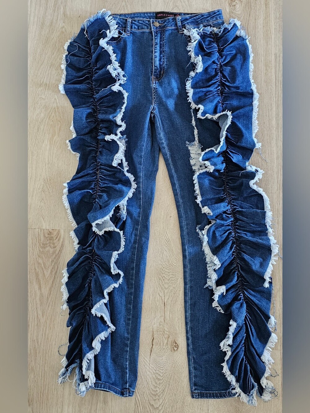Purple Candy XL Ruffle Distressed Denim Jeans Statement Y2K
